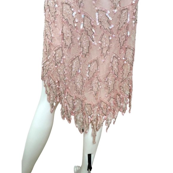 Chanson D’Amour Silk sequins Beaded Dress XL Midi Pink Peach Vintage Long Sleeve - Picture 11 of 16